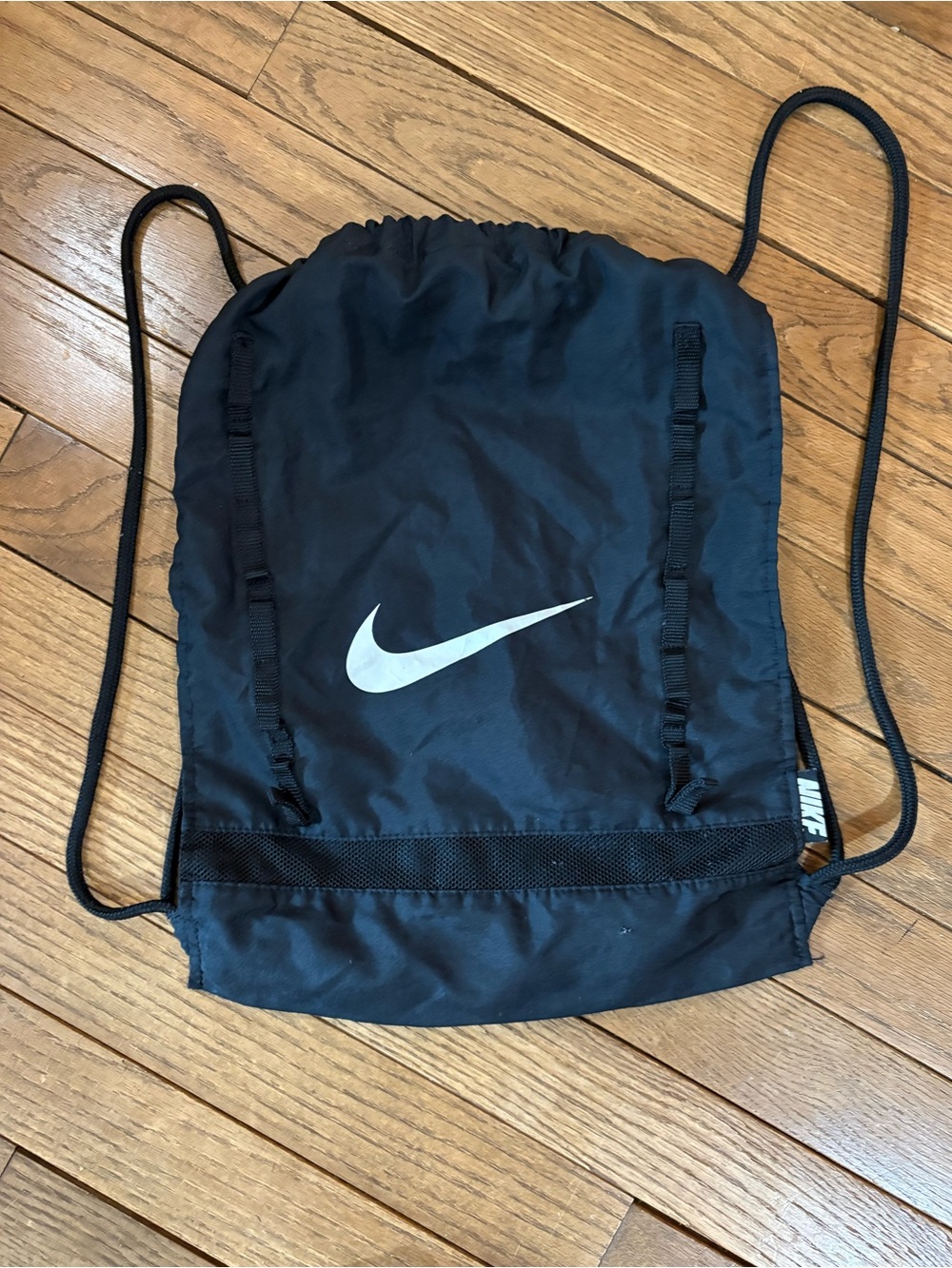 Nike Black Drawstring Gym Bag Backpack 14” wide 19” long Nylon Adjustable